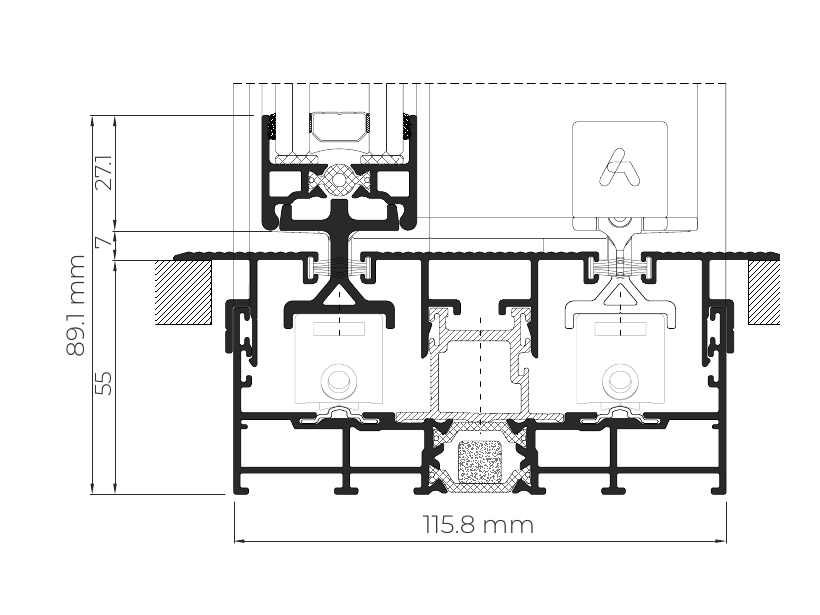 Section drawing of the COR Vision hidden track set into the floor, 115.8 mm frame