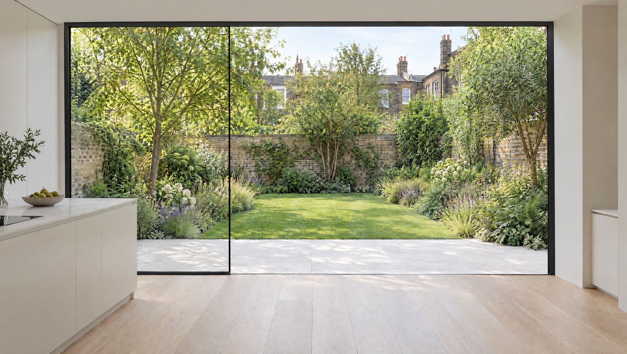 Kitchen extension with slim sliding doors open to the garden