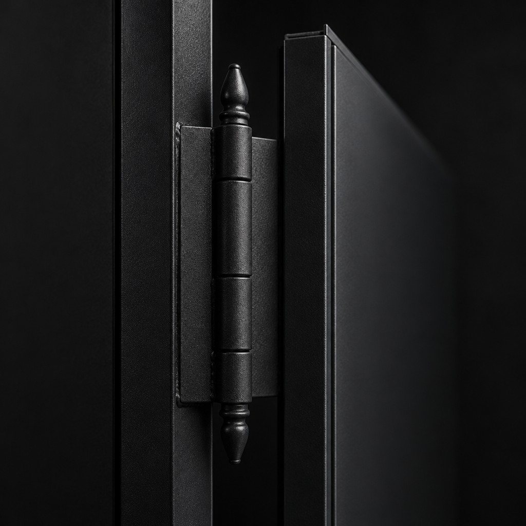 Knuckle hinge with finials on a steel door