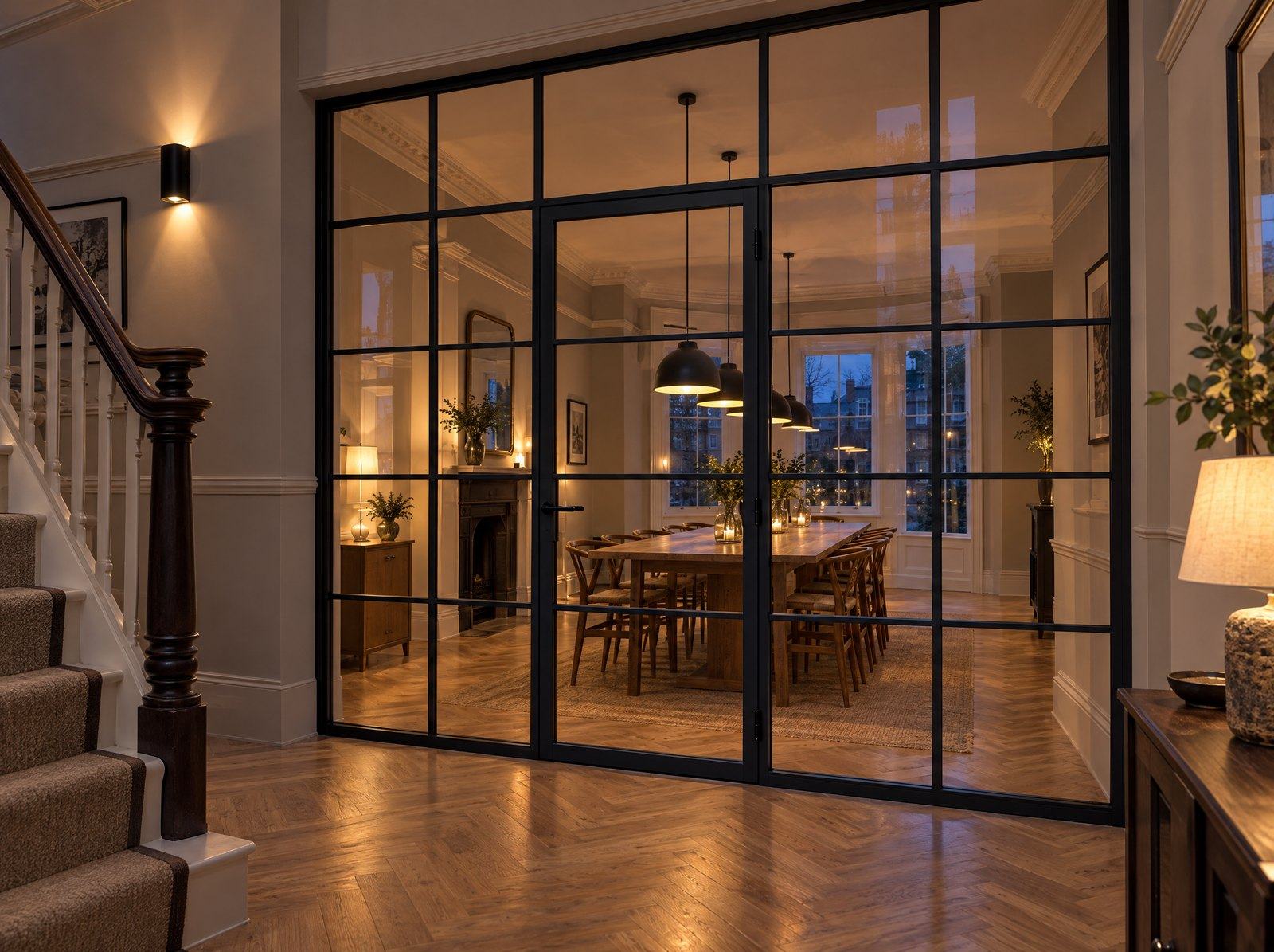 Black steel glazed screen with a door between a hall and a dining room in the evening