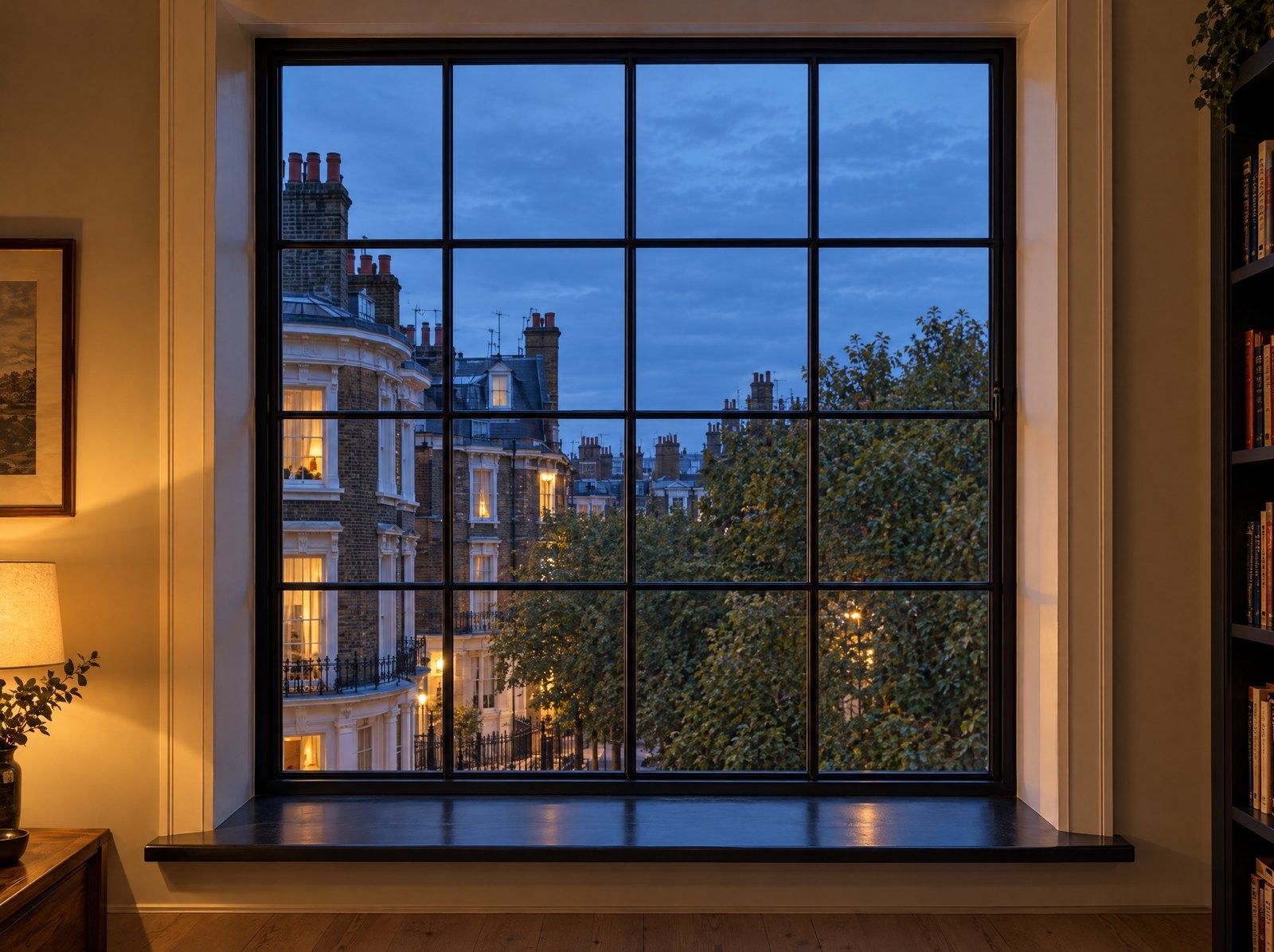 Black steel casement window at dusk